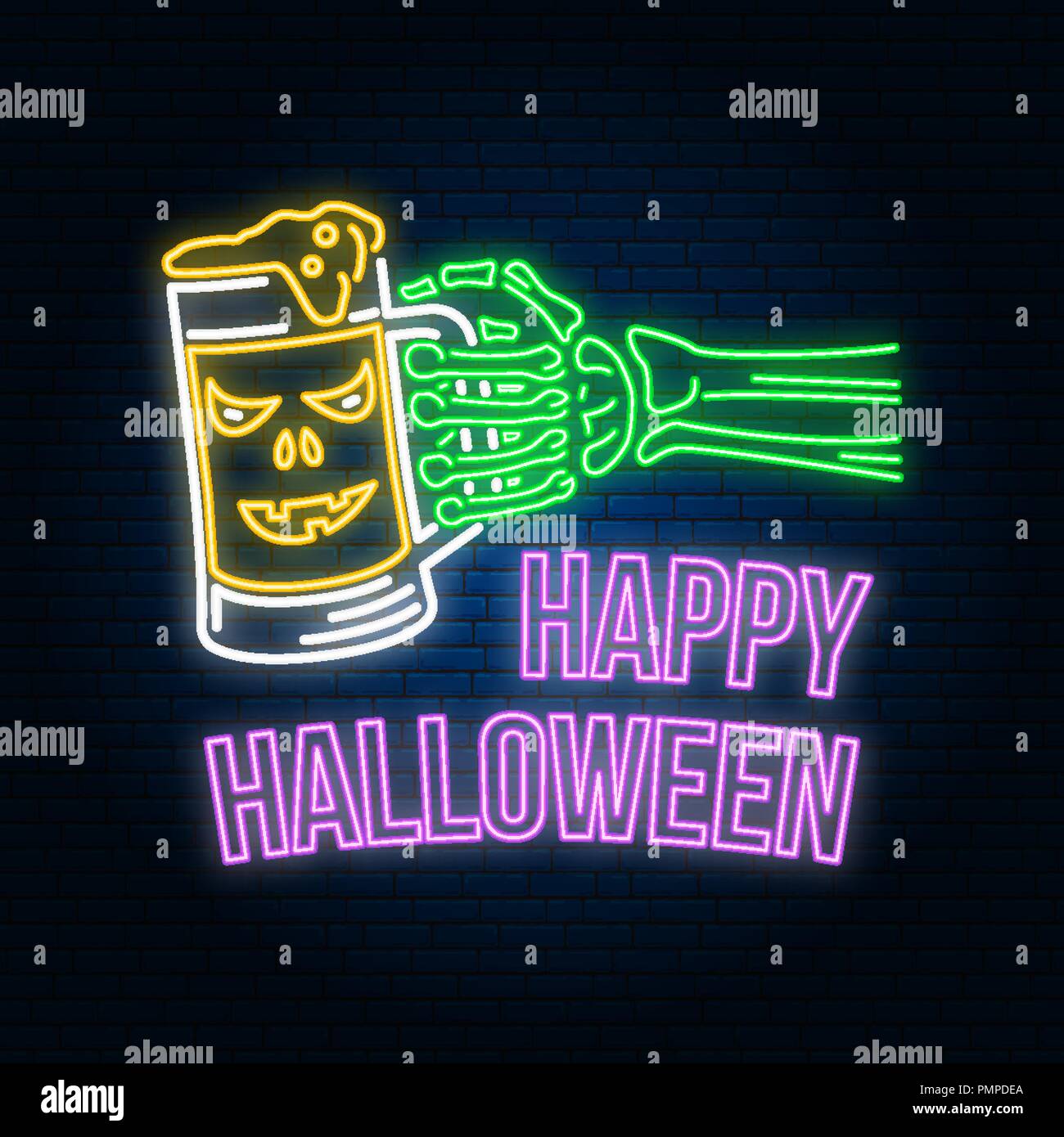 Happy Halloween Neon Sign oder Emblem. Vector Illustration. Happy Halloween licht Banner mit Skelett hand mit Glas magic Bier. Nacht helle Anzeige. Neon Vorlage für Banner, Poster, Plakat, Karte Stock Vektor