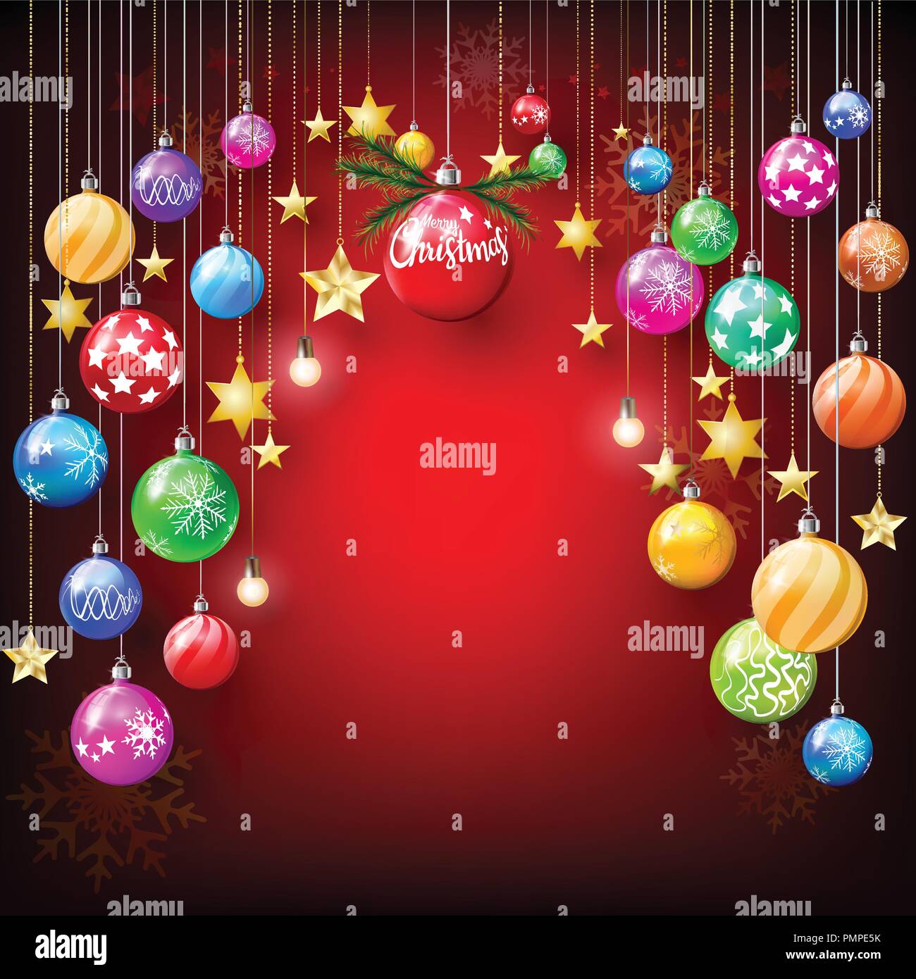 Bunte Glanz und Glitzer Sterne und Weihnachtskugeln hängende Dekoration