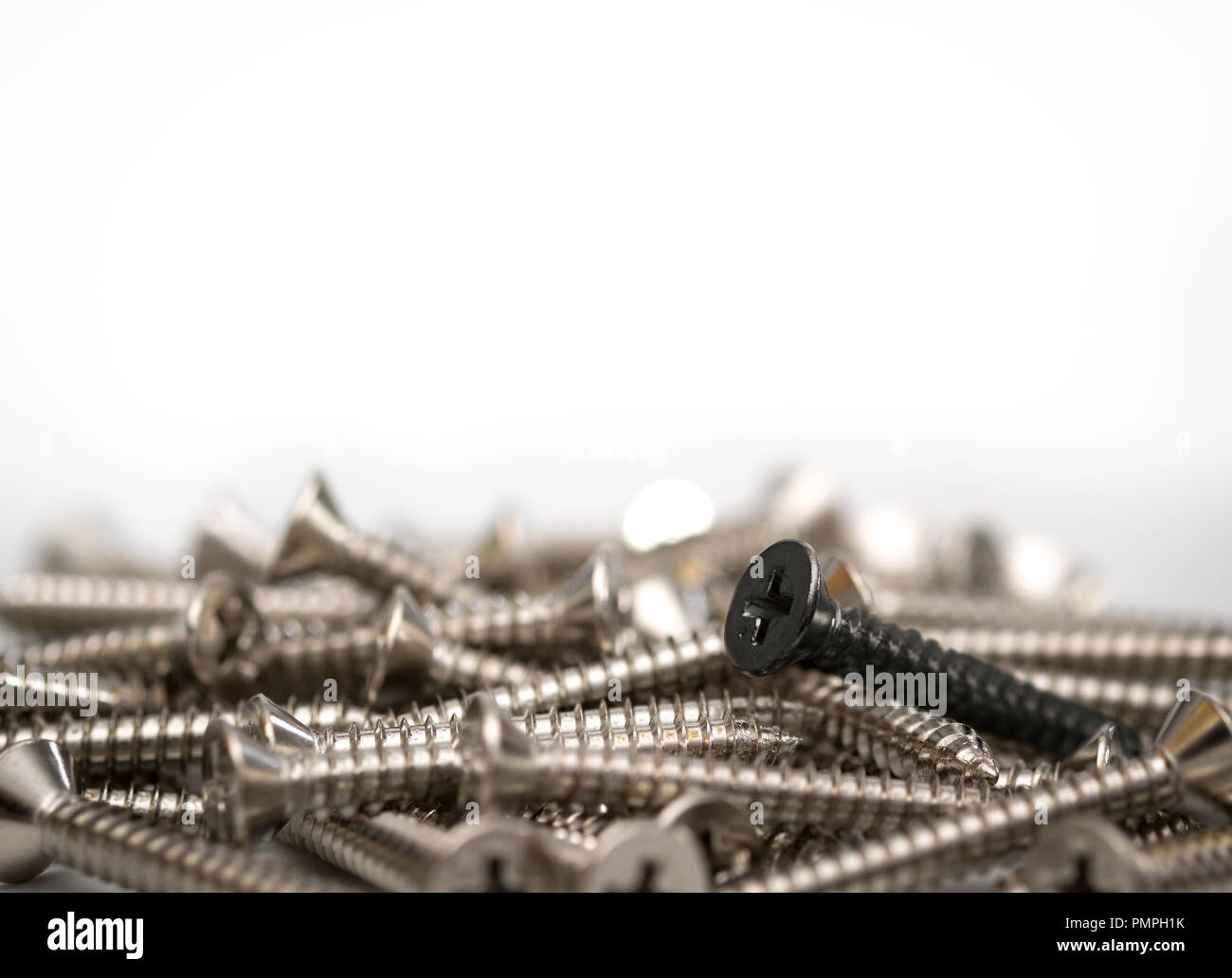 Schwarze Schraube in einem Haufen von silbernen Schrauben auf weißem Hintergrund mit Kopie Raum, Idee, Konzept. Stockfoto