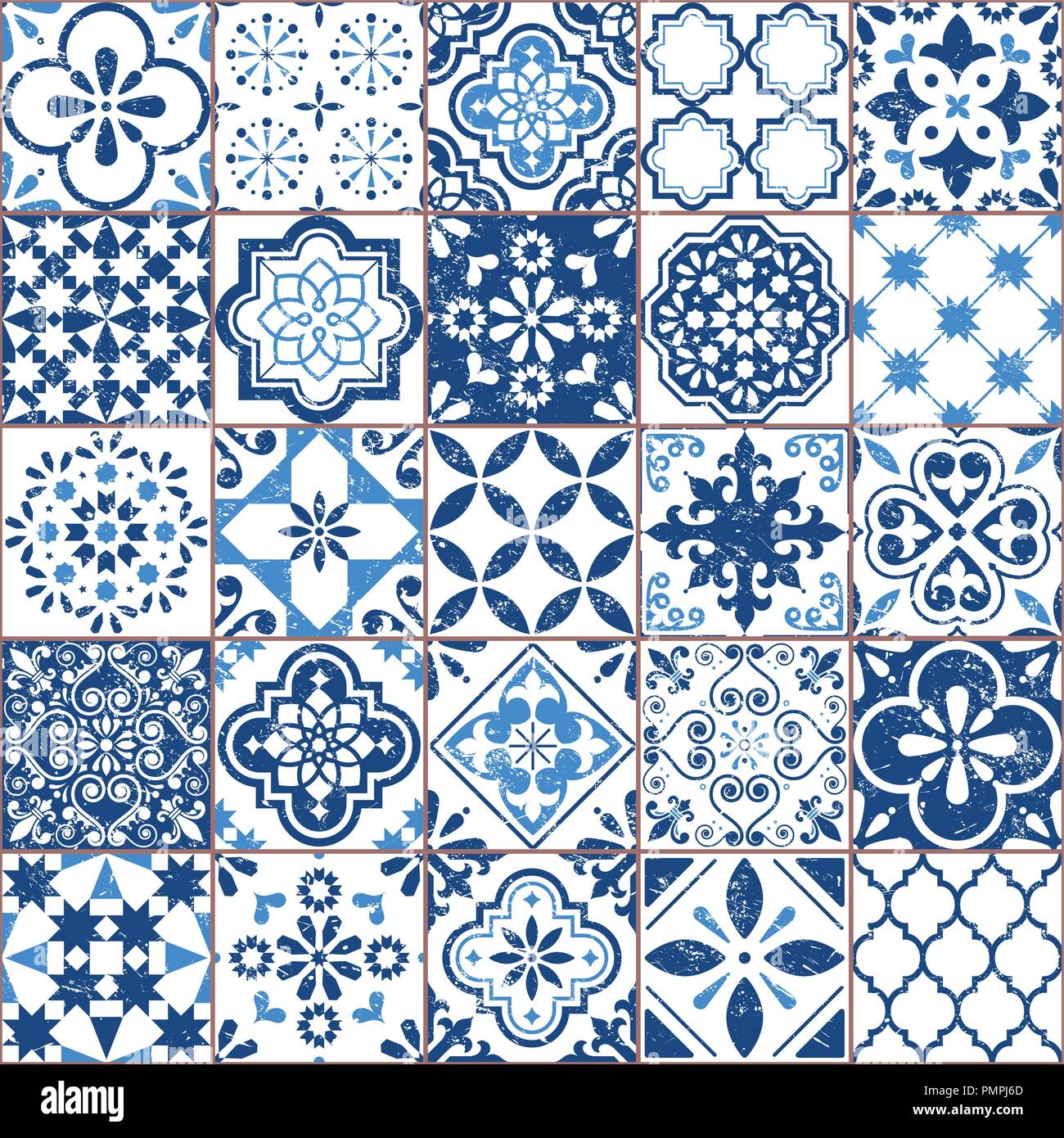 Vektor Azulejo Kacheln Muster, Portugiesisch oder Spanisch retro alte Fliesen Mosaik, mediterranen Nahtlose navy blue Design Stock Vektor