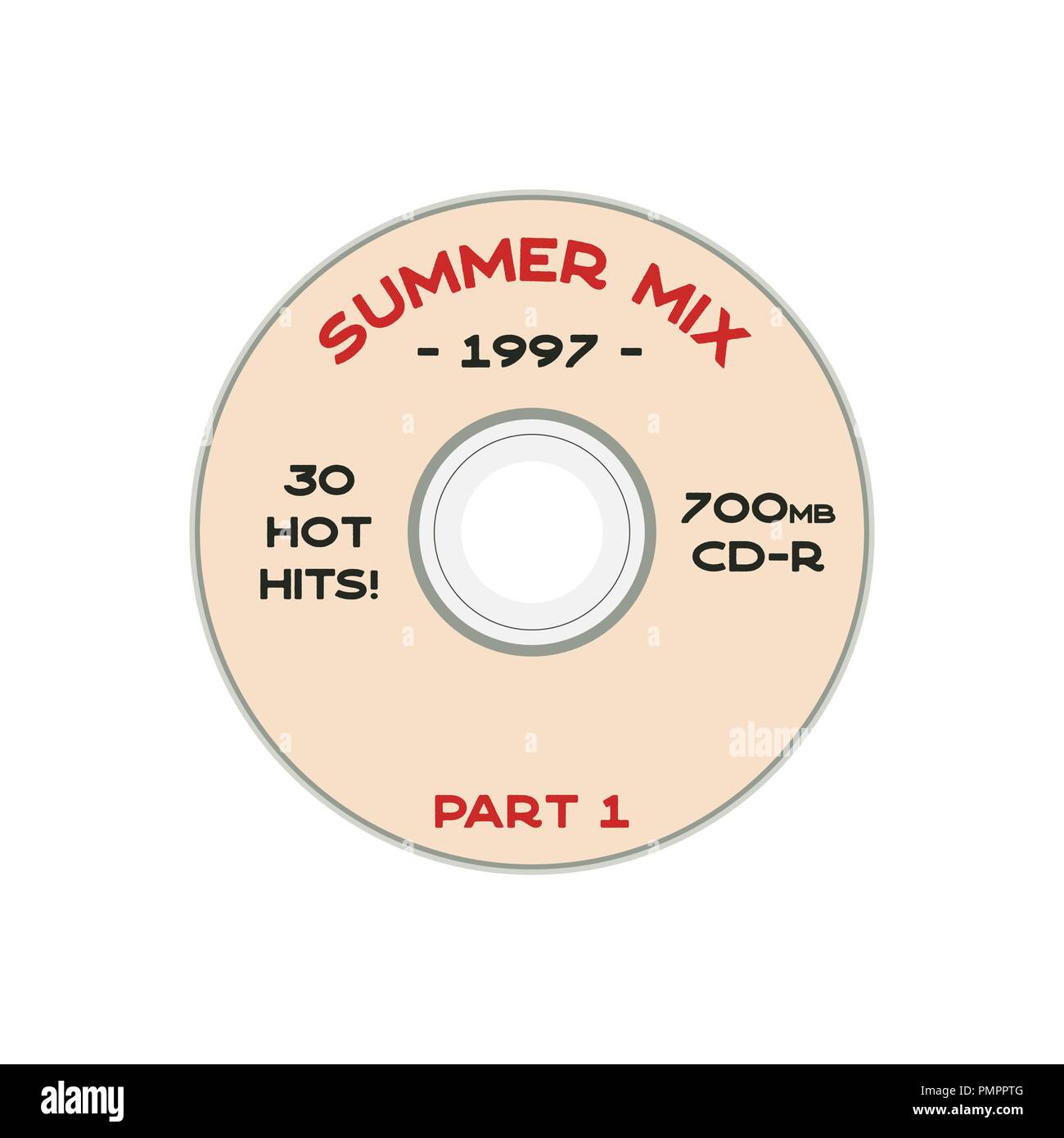 Music Concept T-Shirt Design. Old School DJ T-Stück mit CD und Zeichen - Summer Mix 1997. 90 s lustig Abzeichen. Vektor drucken Emblem auf weißem Hintergrund Stock Vektor