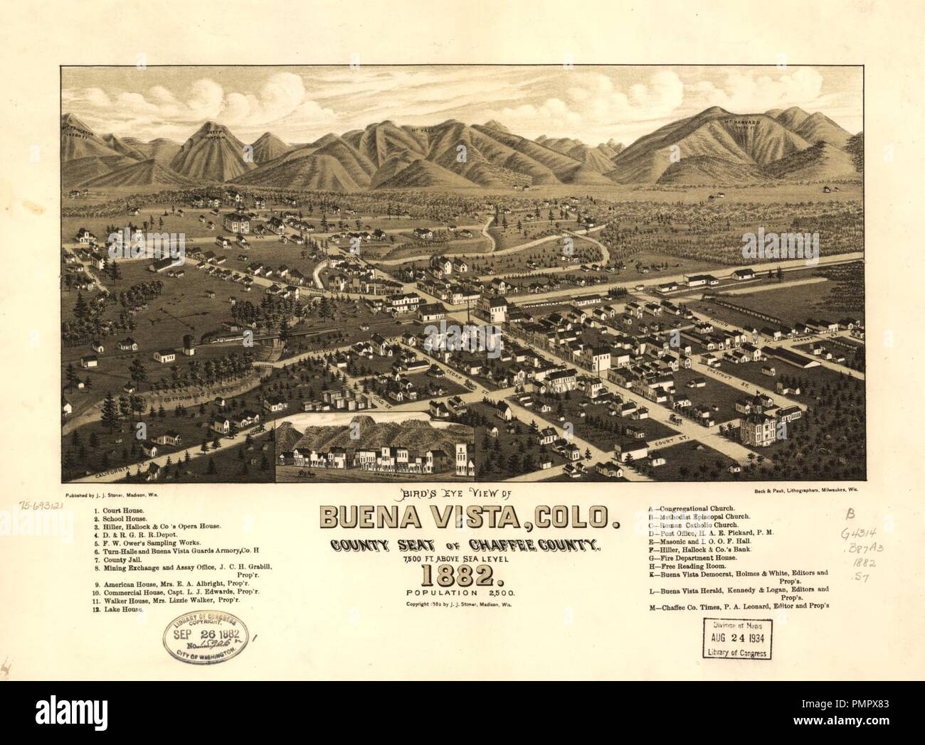 Aus der Vogelperspektive Buena Vista, Colo Sitz der County Chaffee County. 1882. Stockfoto