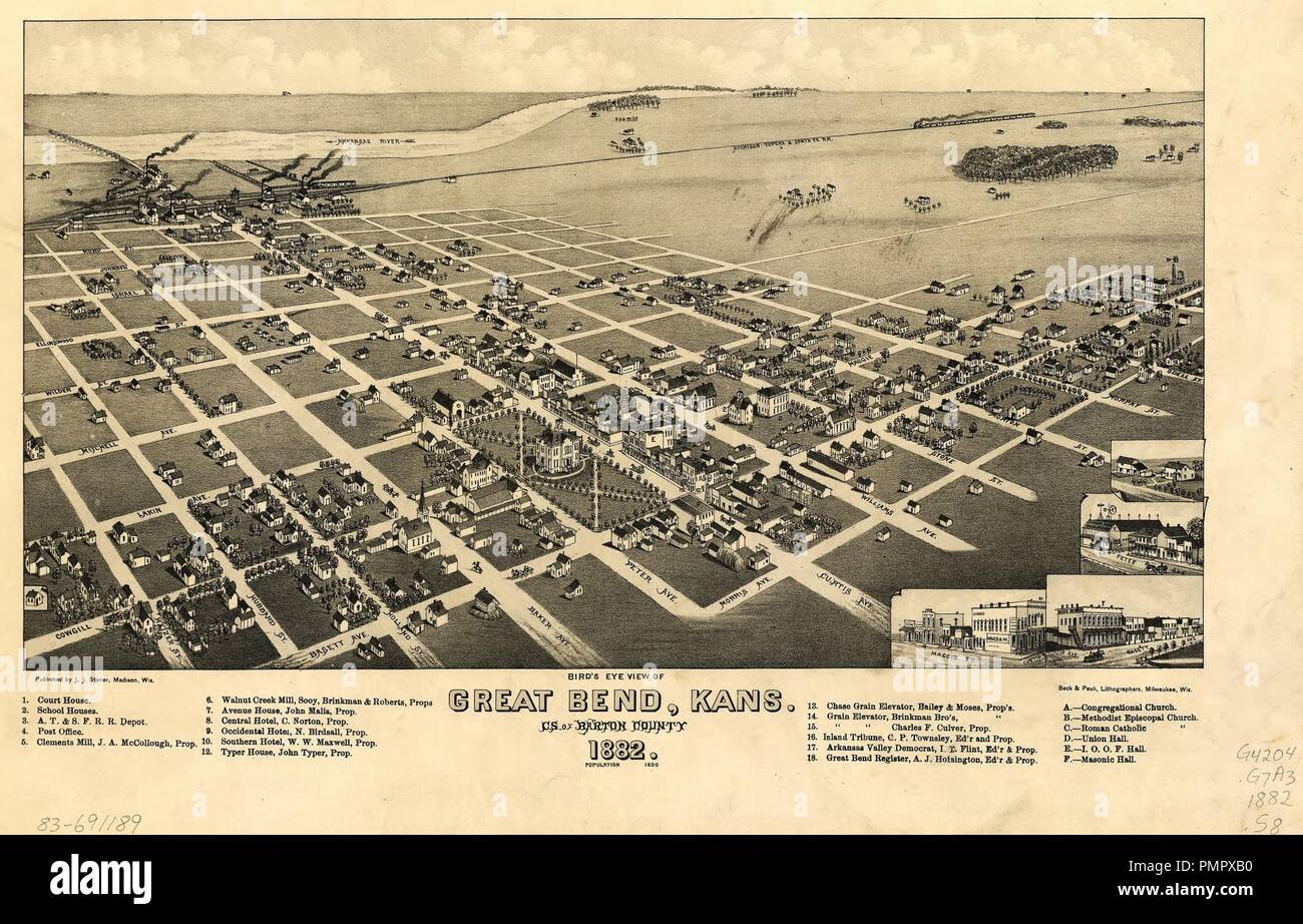 Aus der Vogelperspektive Great Bend, Kans. - c.s. von Barton County, 1882. Stockfoto