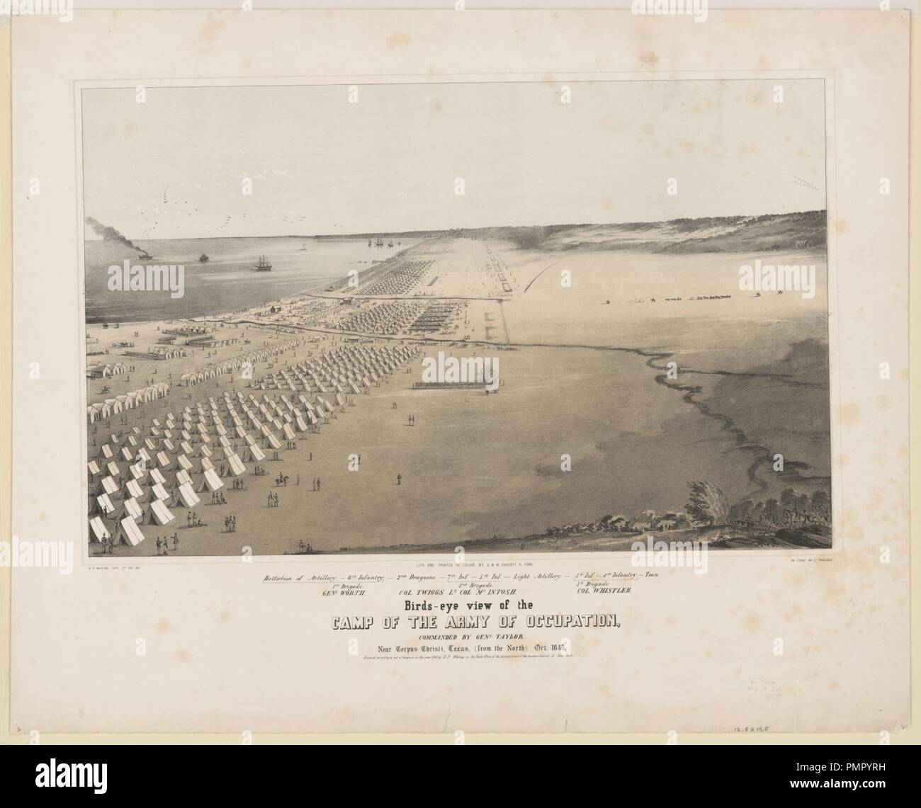 Birds Eye View des Lagers von der Besatzungsarmee, kommandiert von Genl. Taylor, in der Nähe von Corpus Christi, Texas, (aus dem Norden) Okt. 1845 - - DP Wittling, Kapitän 7. Inf.del. ; Auf Stein von C. Stockfoto