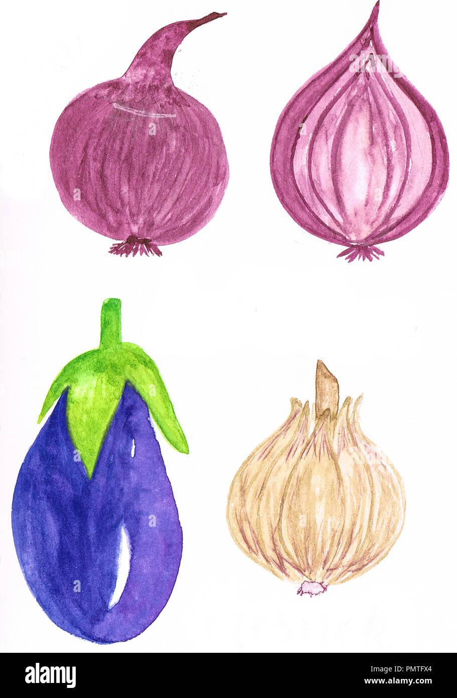 Aquarell Gemüse wie eine Zwiebel, eine Aubergine und Knoblauch Stockfoto