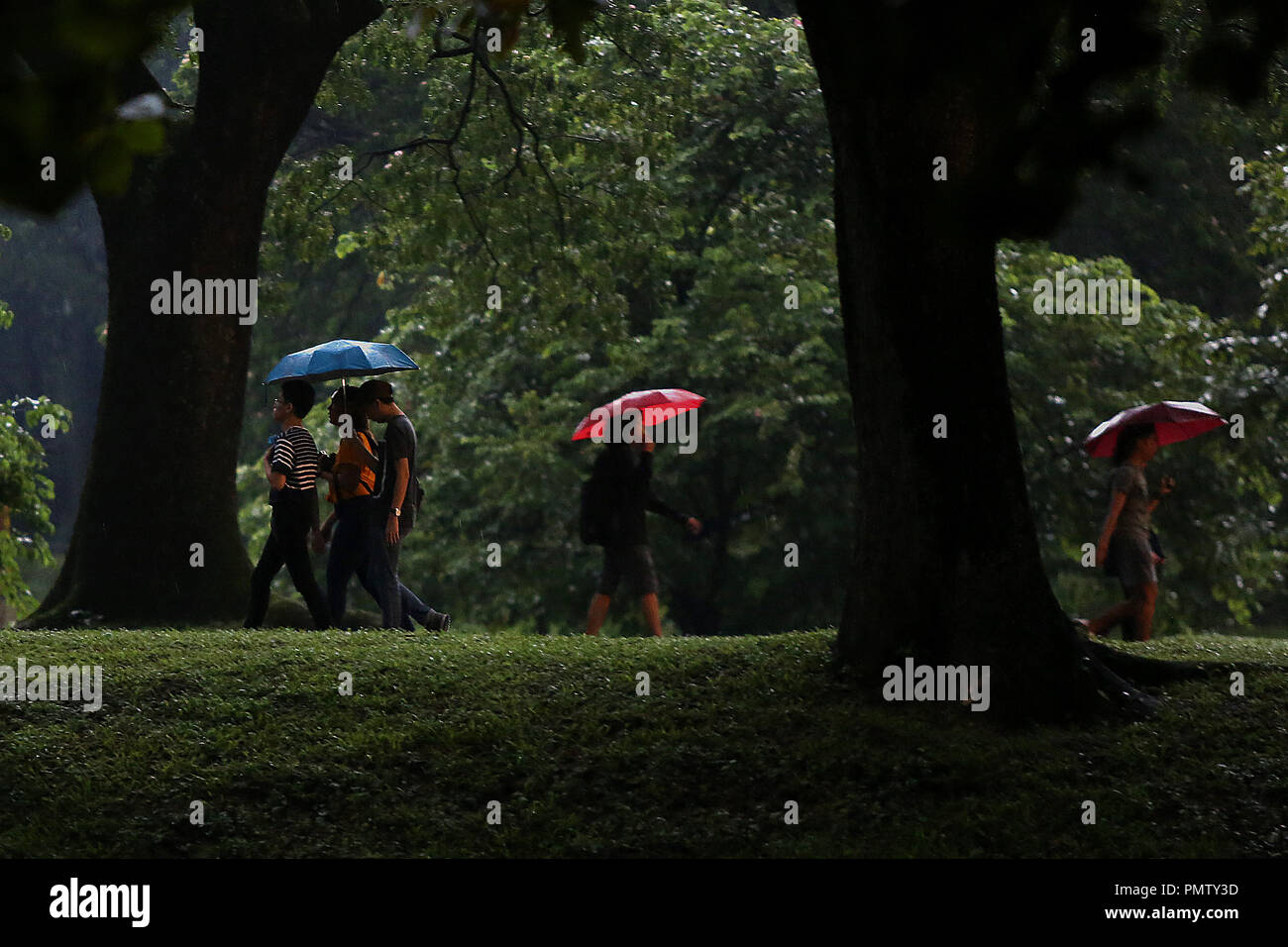 Quezon City, Philippinen. 19 Sep, 2018. Leute benutzen ihre Schirme, wie sie durch den Regen in Quezon City, Philippinen, Sept. 19, 2018. Credit: rouelle Umali/Xinhua/Alamy leben Nachrichten Stockfoto