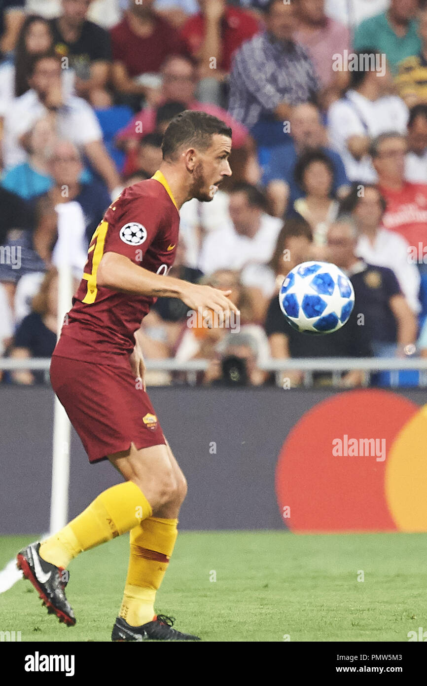 Madrid, Spanien. 19 Sep, 2018. Alessandro Florenzi (mittelfeldspieler; Associazione Sportiva Romao), die in Aktion während der UEFA Champions League Spiel zwischen Real Madrid und AS Roma im Santiago Bernabeu am 19. September 2018 in Madrid, Spanien Credit: Jack Abuin/ZUMA Draht/Alamy leben Nachrichten Stockfoto