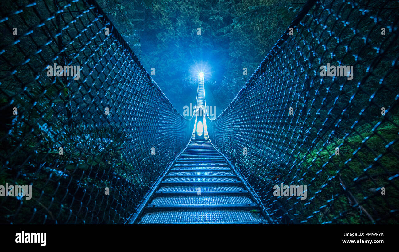 Geheimnisvolle silhouetted Person auf der Hängebrücke im Wald bei Nacht Stockfoto