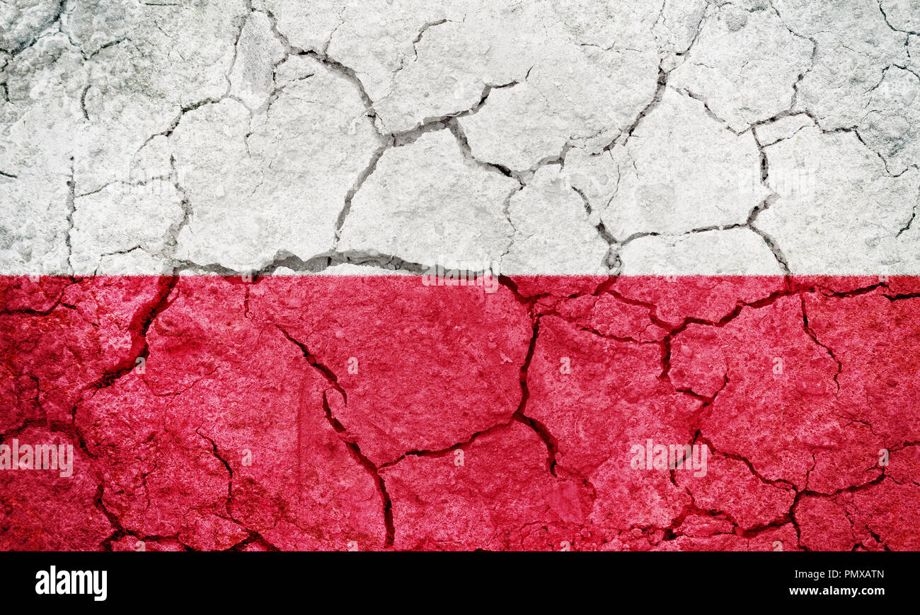 Republik Polen Flagge auf trockener Erde Boden Textur Hintergrund Stockfoto