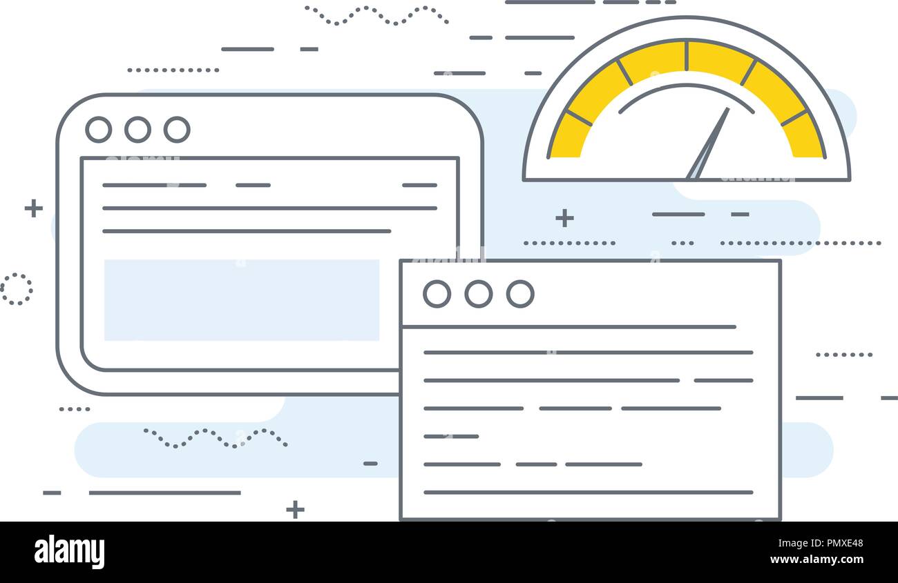 Web-browser-Fenster mit Tachometer Prüfung - website Laden der Seite Geschwindigkeit testen Stock Vektor