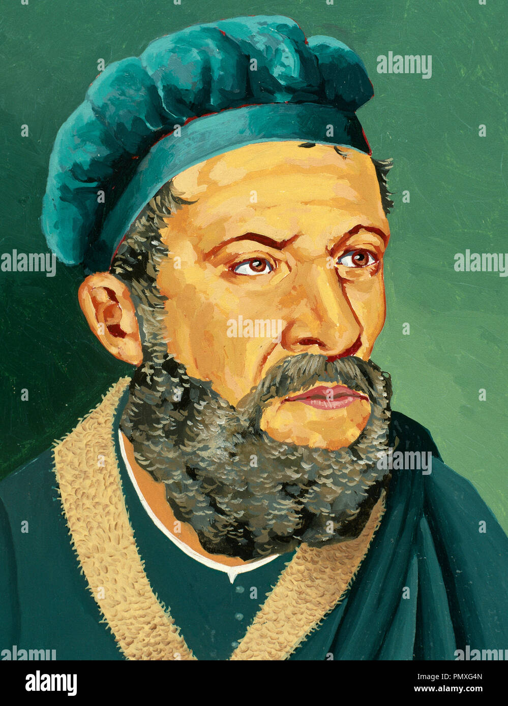 Marco Polo (1254-1324). Italienische Kaufmann, Explorer und Schriftsteller. Porträt. Aquarell von Francisco Fonollosa, Spanisch Illustrator (Ende 20. Jahrhundert) Stockfoto