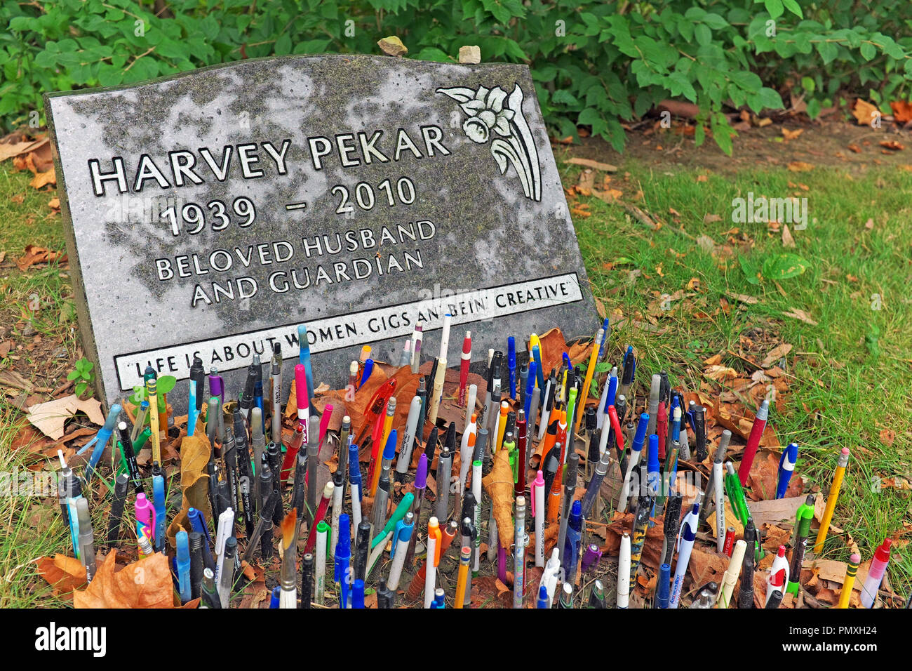 Die Grabstätte von Harvey Pekar in Seeblick Friedhof in Cleveland, Ohio, USA wird durch viele Stifte durch Ventilatoren links ihre Erinnerung zu markieren markiert. Stockfoto