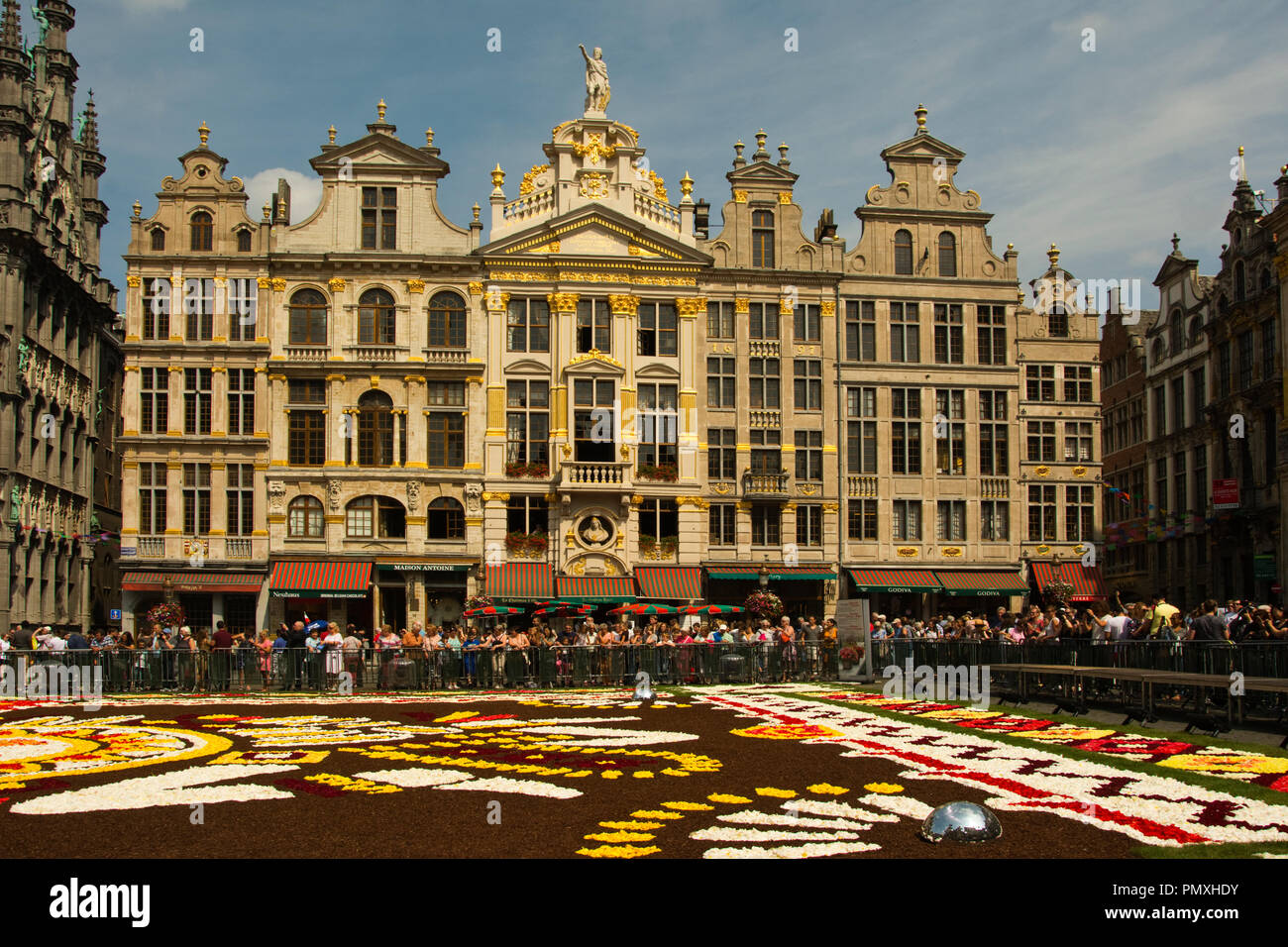 Belgien, Brüssel, dem Grand Place (Großer Platz), Hôtel de Ville, ursprünglich 1402, und Blume Teppich Stockfoto