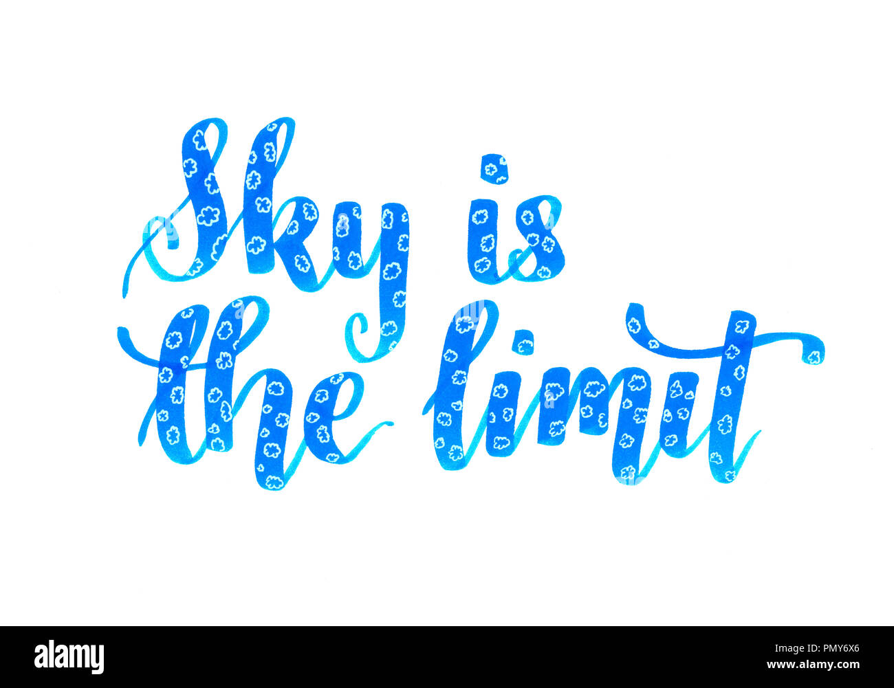Himmel ist die Grenze - motivierende Inschrift in Blau mit weissen Wolken Stockfoto