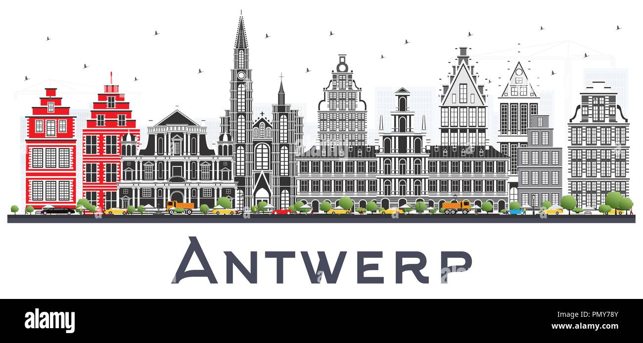 Antwerpen Belgien Skyline der Stadt mit grauen Gebäude isoliert auf Weiss. Vector Illustration. Business Travel und Tourismus Konzept Stock Vektor
