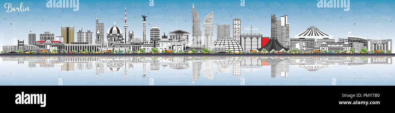 Berlin Deutschland Skyline mit grauen Gebäude, blauer Himmel und Reflexionen. Vector Illustration. Business Travel und Tourismus Konzept Stock Vektor