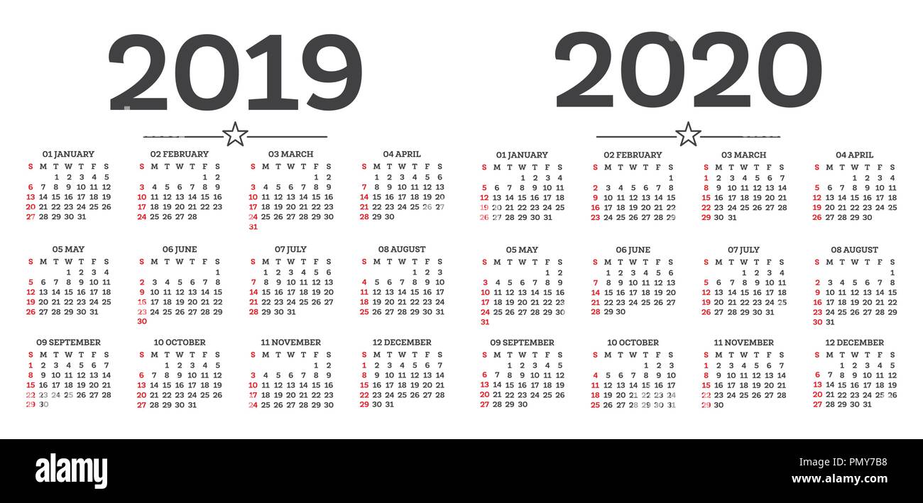 Kalender 2019 2020 isoliert auf weißem Hintergrund. Woche beginnt ab Sonntag. Vector Illustration. Stock Vektor