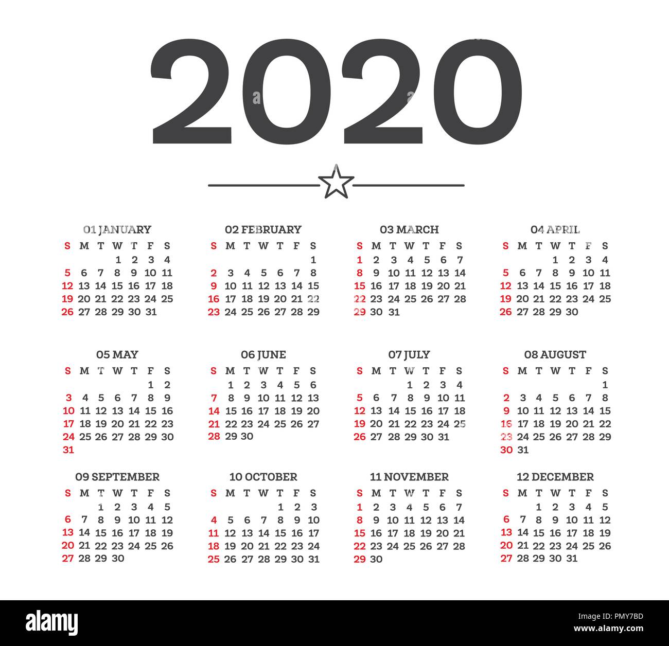 Kalender 2020 isoliert auf weißem Hintergrund. Woche beginnt ab Sonntag. Vector Illustration. Stock Vektor