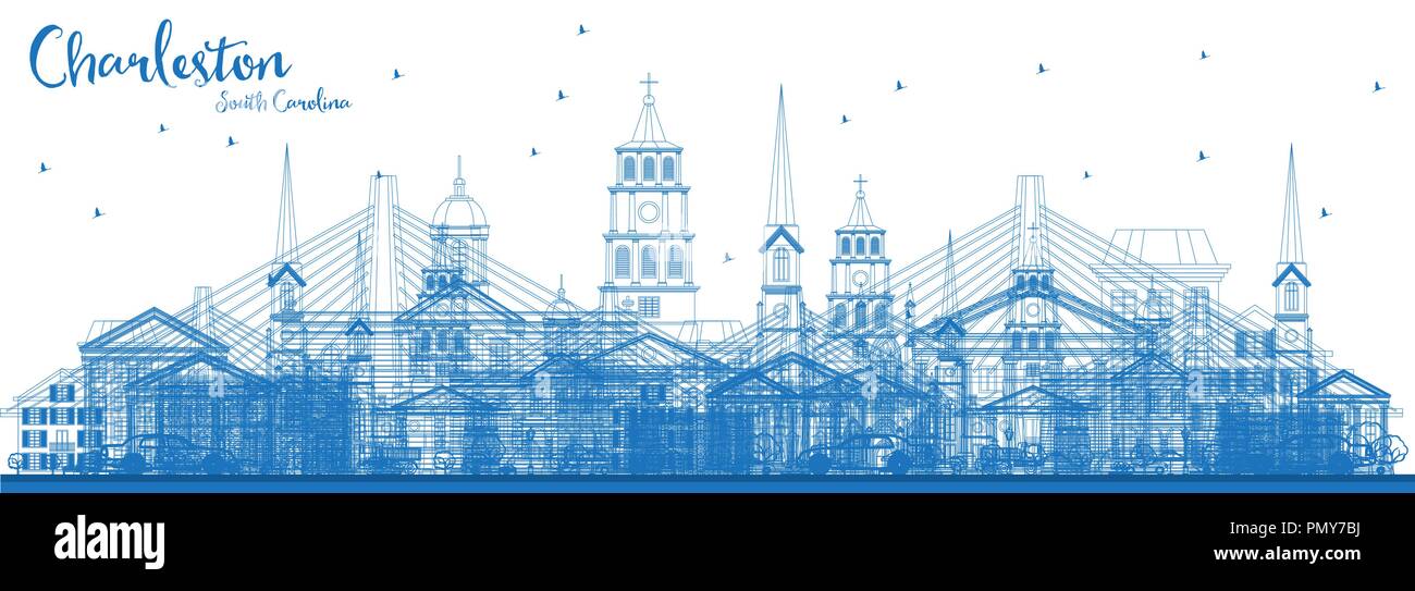 Umrisse Charleston South Carolina Skyline mit blauen Gebäude. Vector Illustration. Business Travel und Tourismus Abbildung Stock Vektor