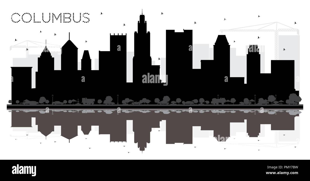 Columbus Ohio City Skyline schwarze und weiße Silhouette mit Reflexionen. Einfache flache Konzept für Tourismus Präsentation, Banner, Plakat oder Website. Stock Vektor