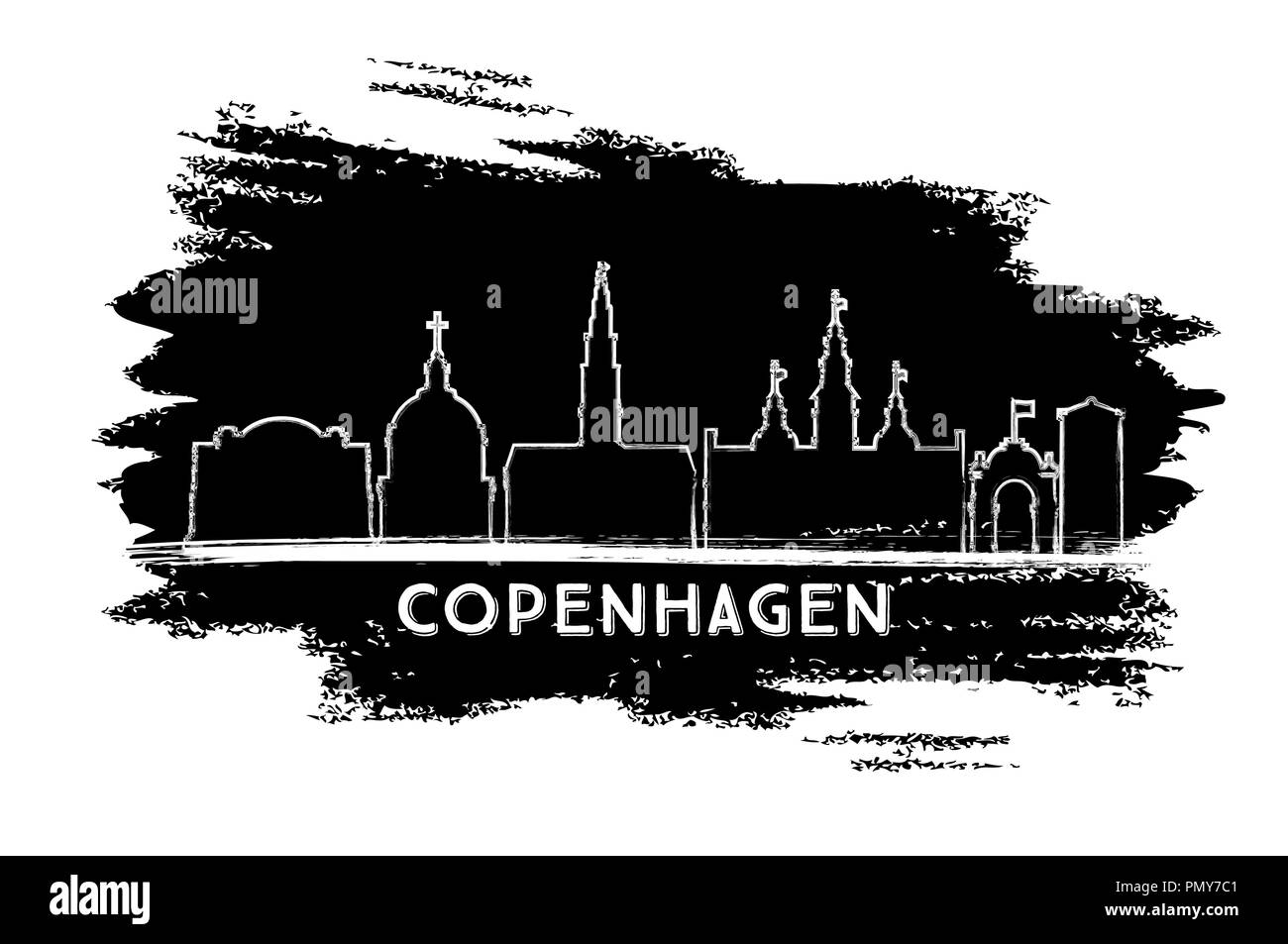 Kopenhagen Dänemark Skyline der Stadt Silhouette. Hand gezeichnete Skizze. Vector Illustration. Business Travel und Tourismus Konzept mit moderner Architektur. Stock Vektor