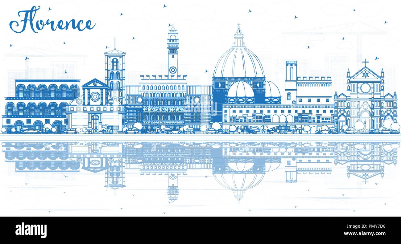 Umrisse Florenz Italien Skyline der Stadt mit blauen Gebäude und Reflexionen. Vector Illustration. Business Travel und Tourismus Konzept Stock Vektor