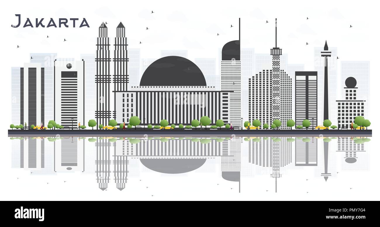 Jakarta Indonesien Skyline der Stadt mit grauen Gebäuden und Reflexionen isoliert auf weißem Hintergrund. Vector Illustration. Stock Vektor