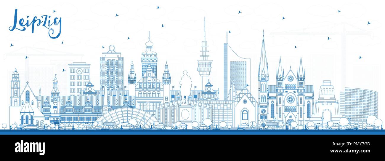 Übersicht Leipzig Deutschland Skyline der Stadt mit blauen Gebäude. Vector Illustration. Business Travel und Tourismus Konzept mit historischer Architektur. Stock Vektor