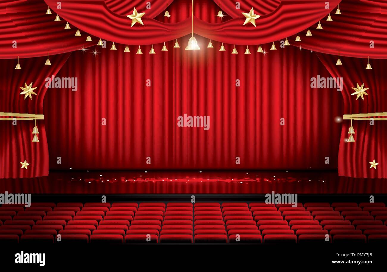 Roten Bühnenvorhang mit Sitzen und Kopieren. Theater, Oper oder Kino Szene. Licht auf einer Etage. Vector Illustration. Stock Vektor
