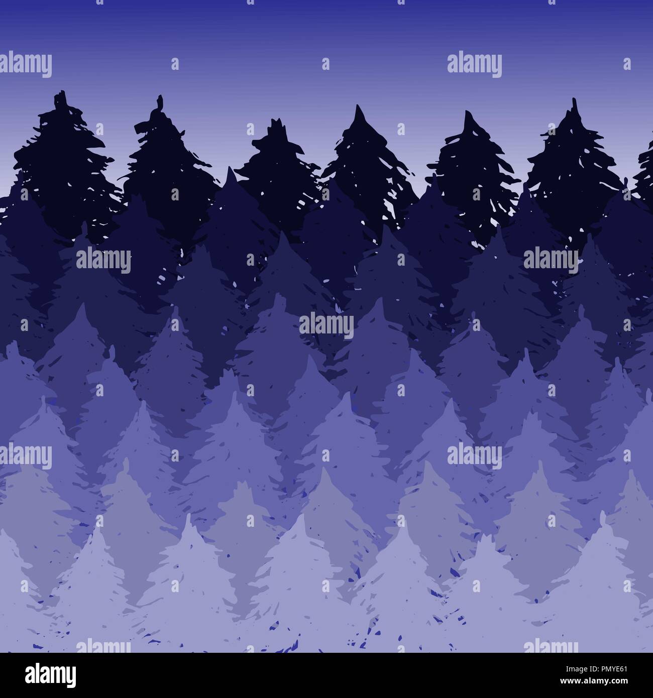 Vektor misty Fichte wald landschaft. Bürste Silhouetten der Nadelbäume. Vektor Violett Abbildung. Stock Vektor