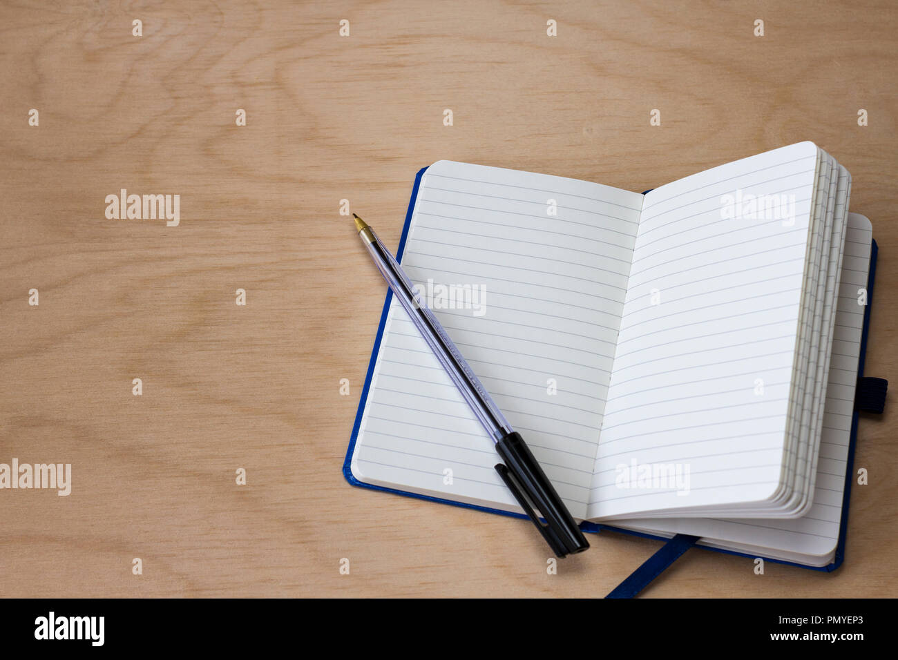 Notebook und schwarz Kugelschreiber pen auf hellem Holz Hintergrund Stockfoto