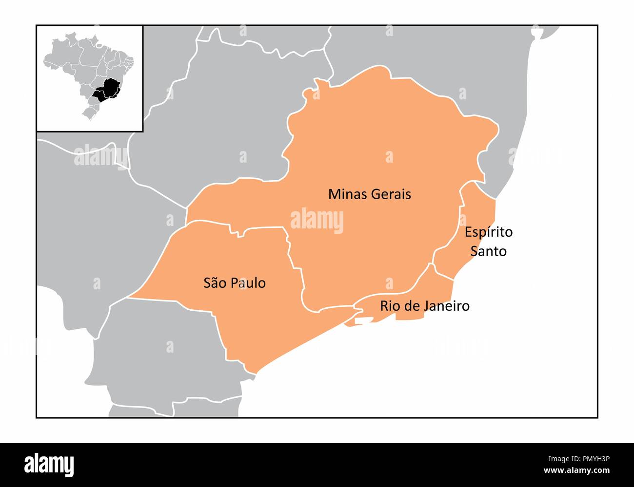 Karte von der südöstlichen Region von Brasilien mit den ermittelten Staaten Stock Vektor