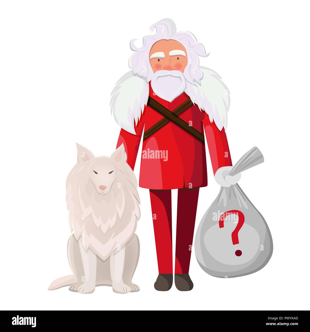Weihnachtsmann mit Hund auf weißem Hintergrund. Secret Santa mit einem Sack mit Geschenken. Secret Santa Party. Alaskan Malamute Hund. Stock Vektor