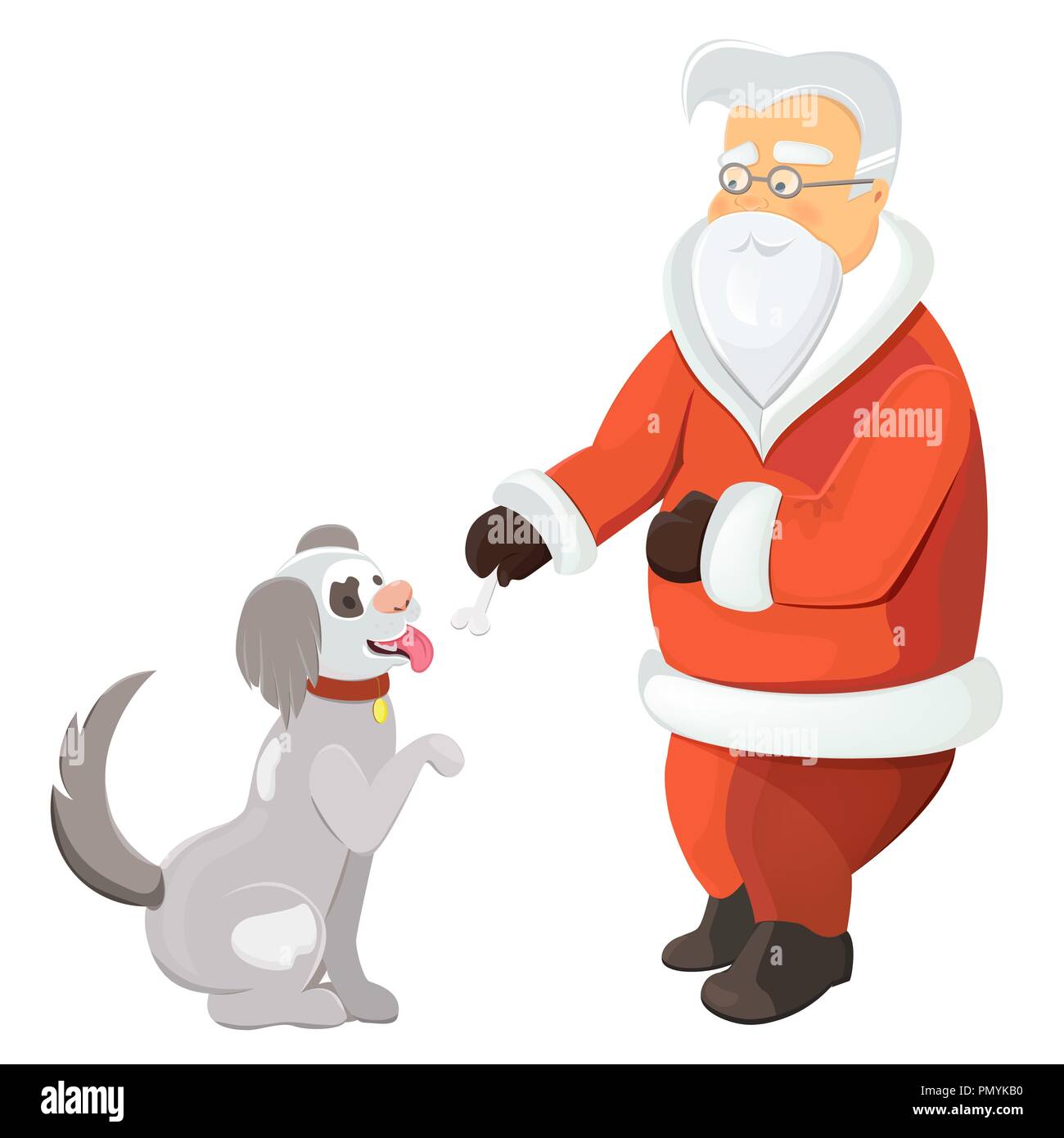 Santa Claus spielen mit Hund. Santa mit scharren Hund auf weißem Hintergrund. Santa gibt einen Knochen zu seinem Haustier. Hund als Symbol für das Neue Jahr. Stock Vektor