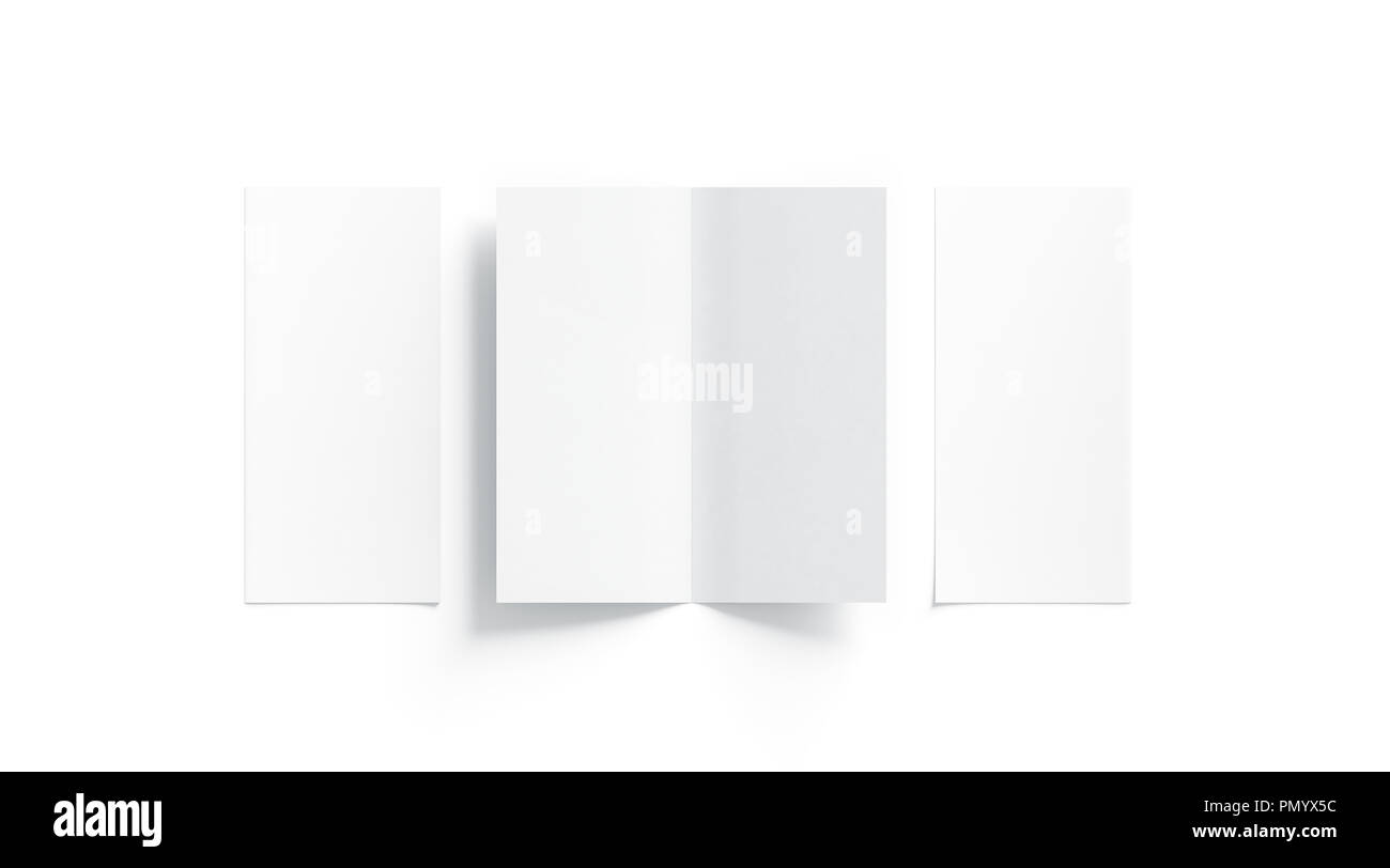 Leere weiße zwei gefaltete Broschüre mock up, geöffnet und wieder geschlossen, Vorder- und Rückseite, Ansicht von oben, 3D-Rendering. Ebene zwei Broschüren mockups Set isoliert. Stockfoto