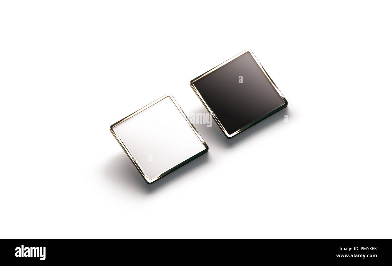 Leere schwarze und weiße Quadrat gold Abzeichen am Revers Mockup, Seitenansicht, 3D-Rendering. Leere Luxus harten Zahnschmelz pin Mock up. Goldene Spange-design Vorlage. Stockfoto
