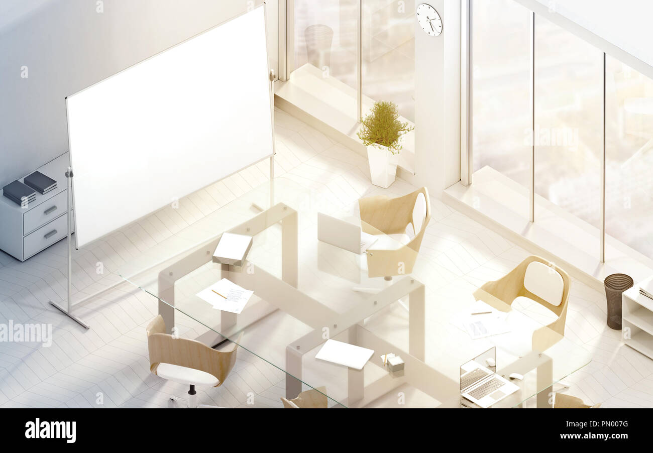 Helle und moderne Konferenzraum mockup mit Blank Board stand, 3D-Rendering. Isometrische Ansicht von der sonnigen Büroschrank für Business Meetings. Kreative Stockfoto
