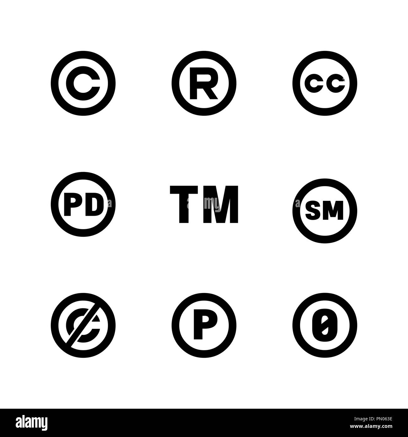 Geistiges Eigentum Symbole: Copyright, creative commons, Warenzeichen, public domain, Alle Rechte vorbehalten, Service, sounnd Aufnahme Stock Vektor