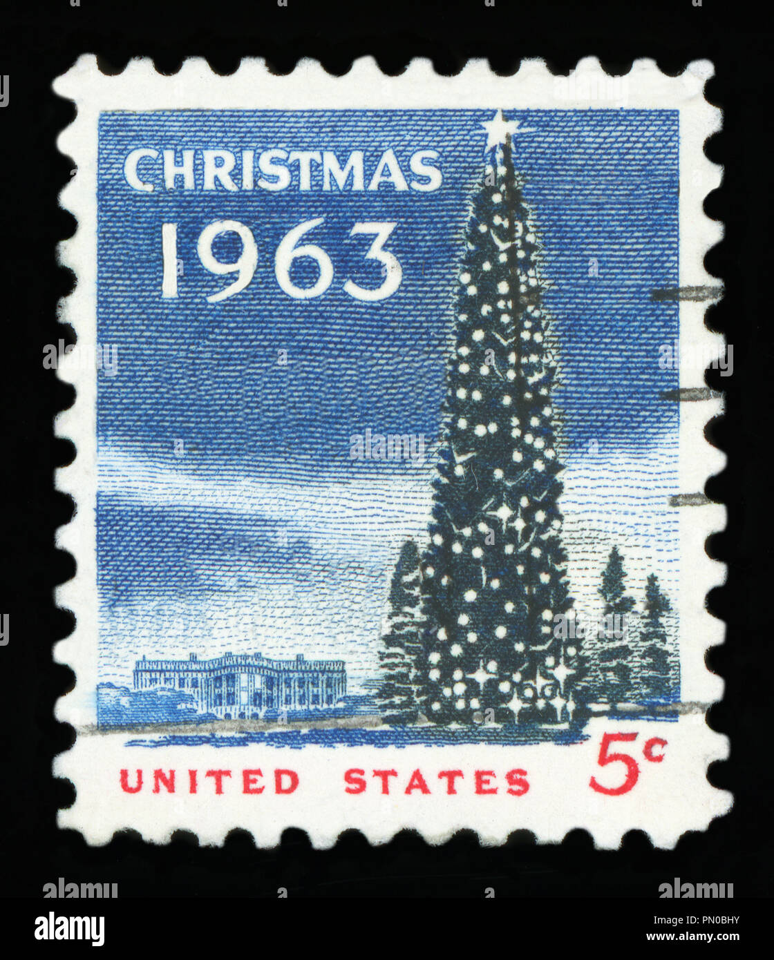 USA - ca. 1963 - uns Weihnachten Briefmarke zeigt das Weiße Haus und die National Christmas Tree in Washington DC., ca. 1963. Stockfoto