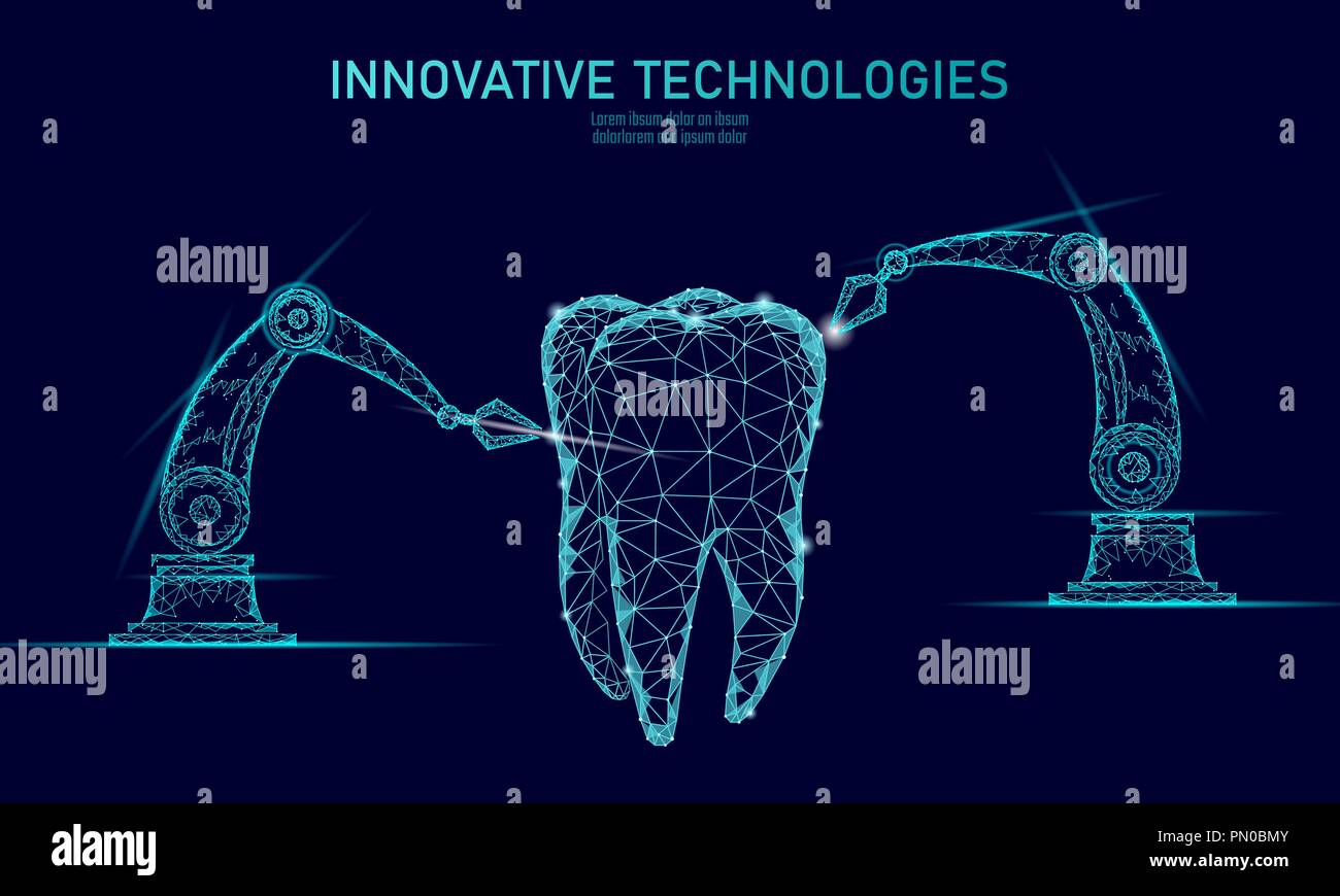 3d-Zahn innovation Roboterarm polygonalen Konzept. Stomatologie symbol Low Poly Dreieck abstrakte oral Dental Medical Care business. Verbunden dot Partikel moderne Render blue Vector Illustration Stock Vektor