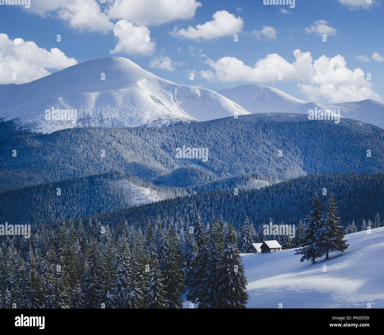 Hütte im Schnee. Schönen winter Bergkulisse. Blick auf Holz- Lodges und Top. Sonniges Wetter einem frostigen Tag. Blauer Himmel mit weißen Cumulus clo Stockfoto