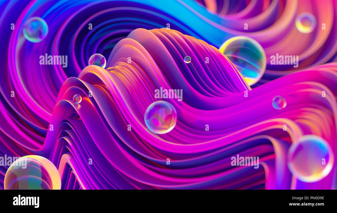 Fluid irisierende holographische Hintergrund mit glänzenden Kugeln. Stockfoto