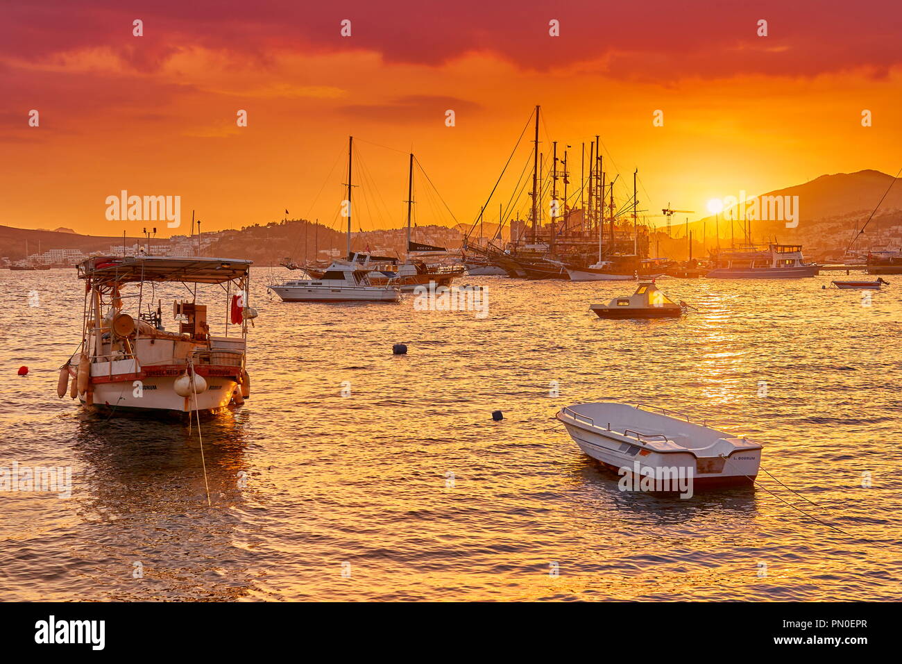 Marina bei Sonnenuntergang, Bodrum, Türkei Stockfoto