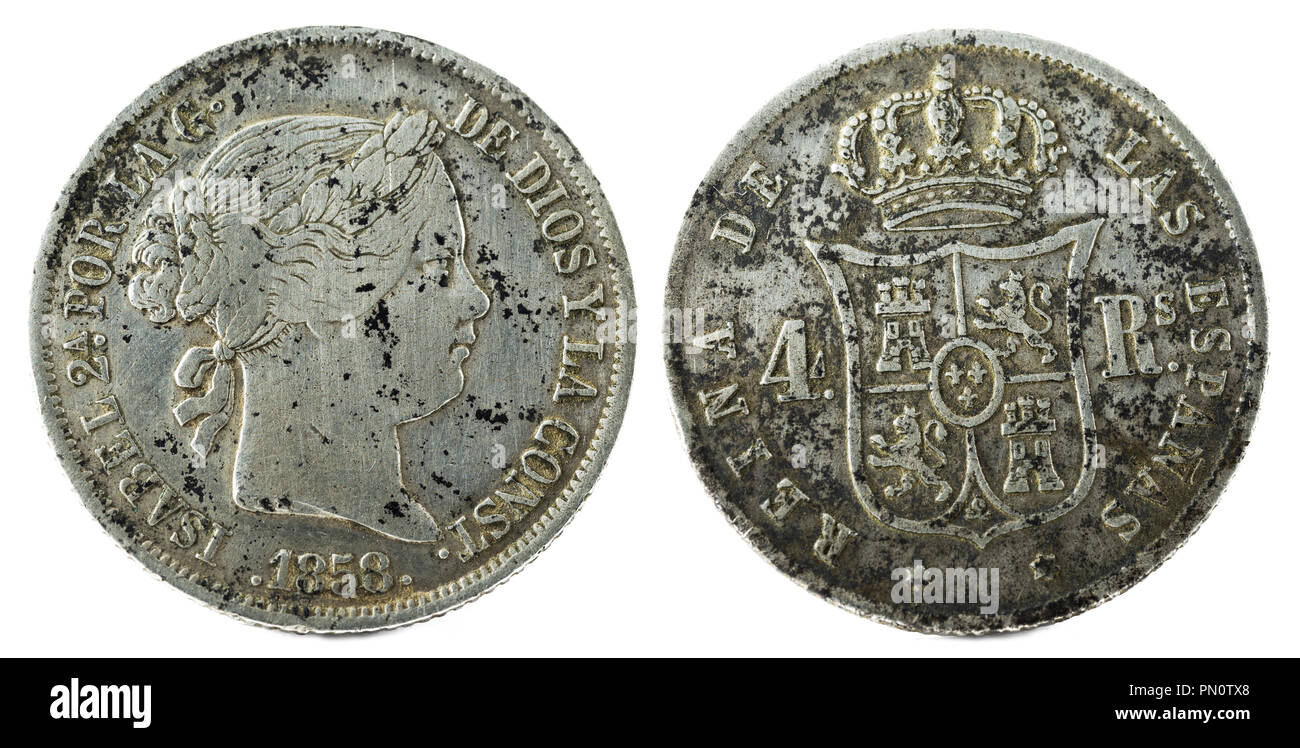 Alte spanische Silbermünze der Königin Isabel II. 1858. In Sevilla geprägt. 4 Reales. Stockfoto