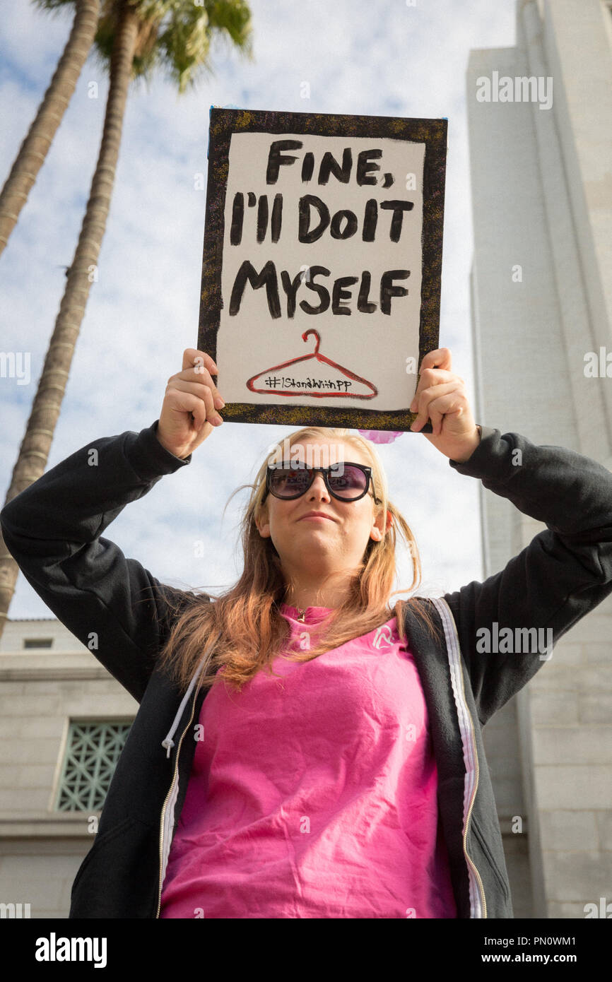 Demonstrant mit pro-choice-Zeichen an Frauen März in Los Angeles im Jahre 2017. Stockfoto