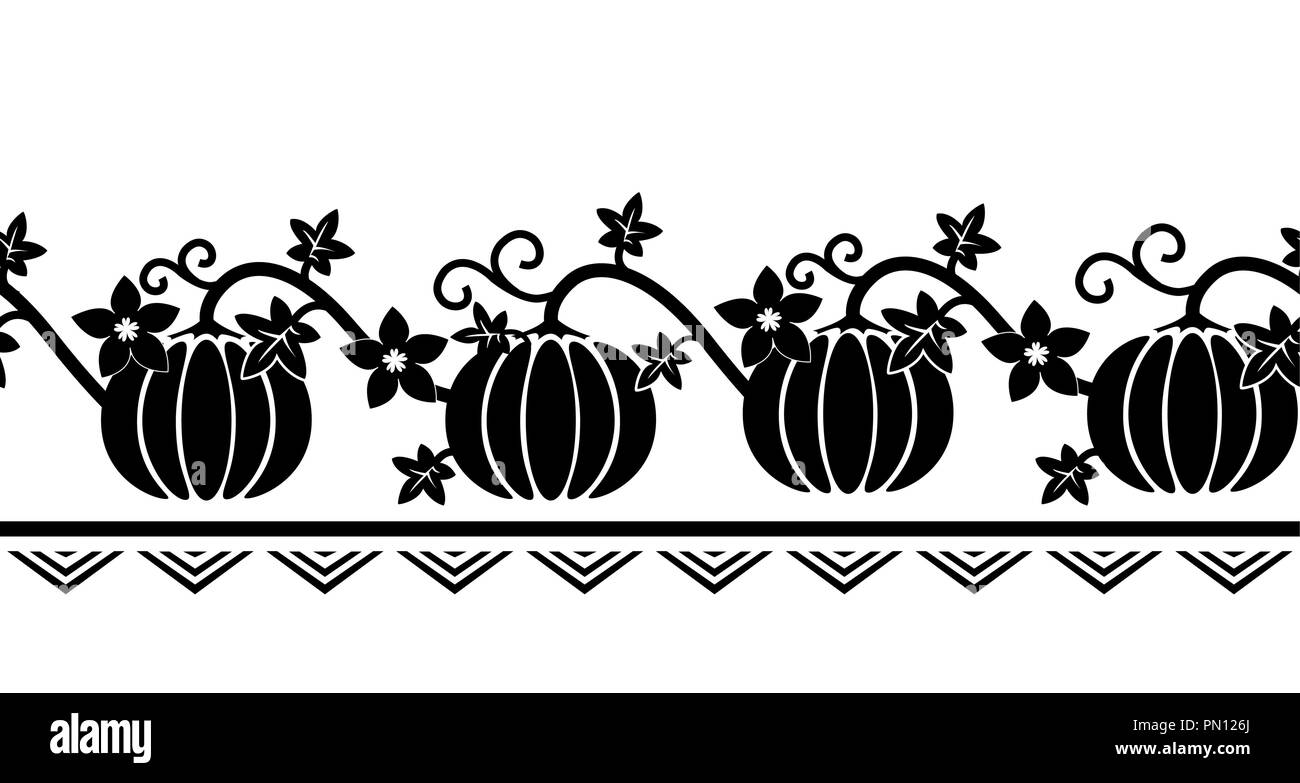 Nahtlose grenzüberschreitende Muster mit Kürbis Ornament. Schwarze und weiße Kürbis Silhouetten. Herbst streifen. Vector Illustration. Design fow Hintergrundbilder, Thanksg Stock Vektor