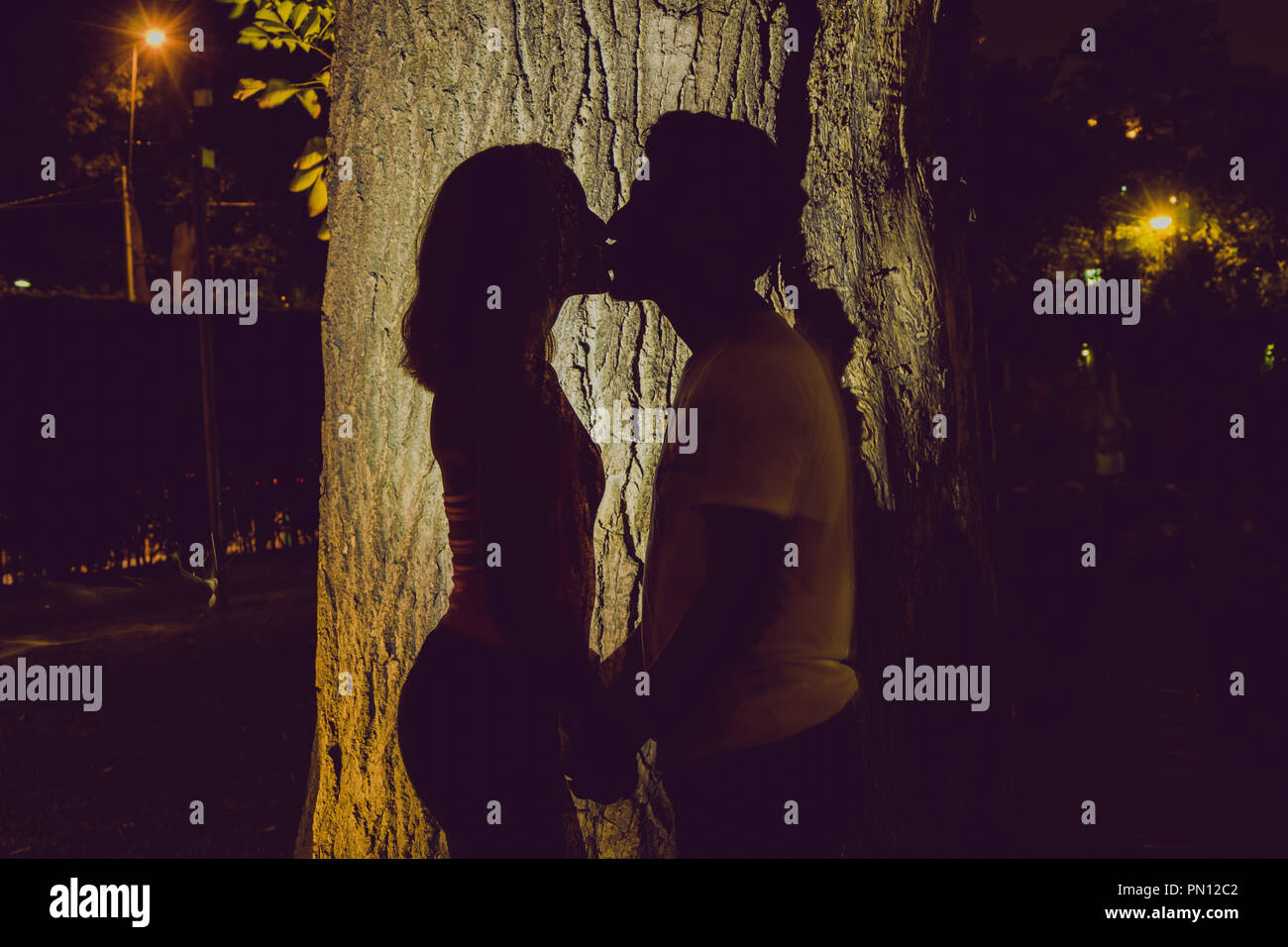 Schatten von einem Mann und einer Frau in der Nacht von einem Park küssen Stockfoto