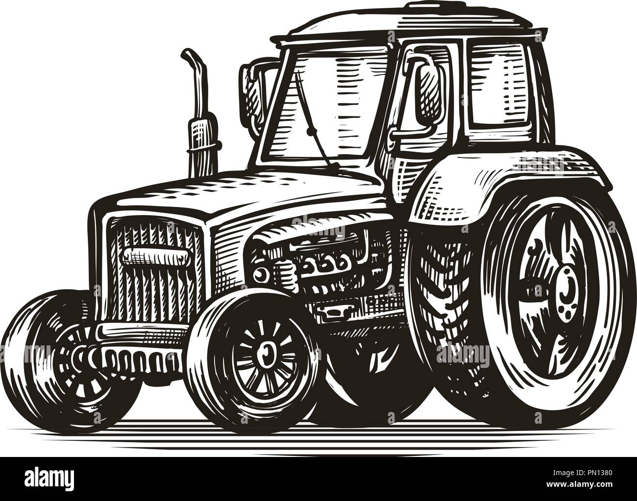 Farm Traktor, Skizze, Landwirtschaft, Landwirtschaft, Agribusiness Konzept. Vintage Vector Illustration Stock Vektor