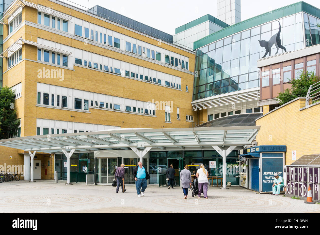 Die Leute am Eingang des Whittington Krankenhaus, ein District General und Lehre Krankenhaus im Norden von London. Stockfoto