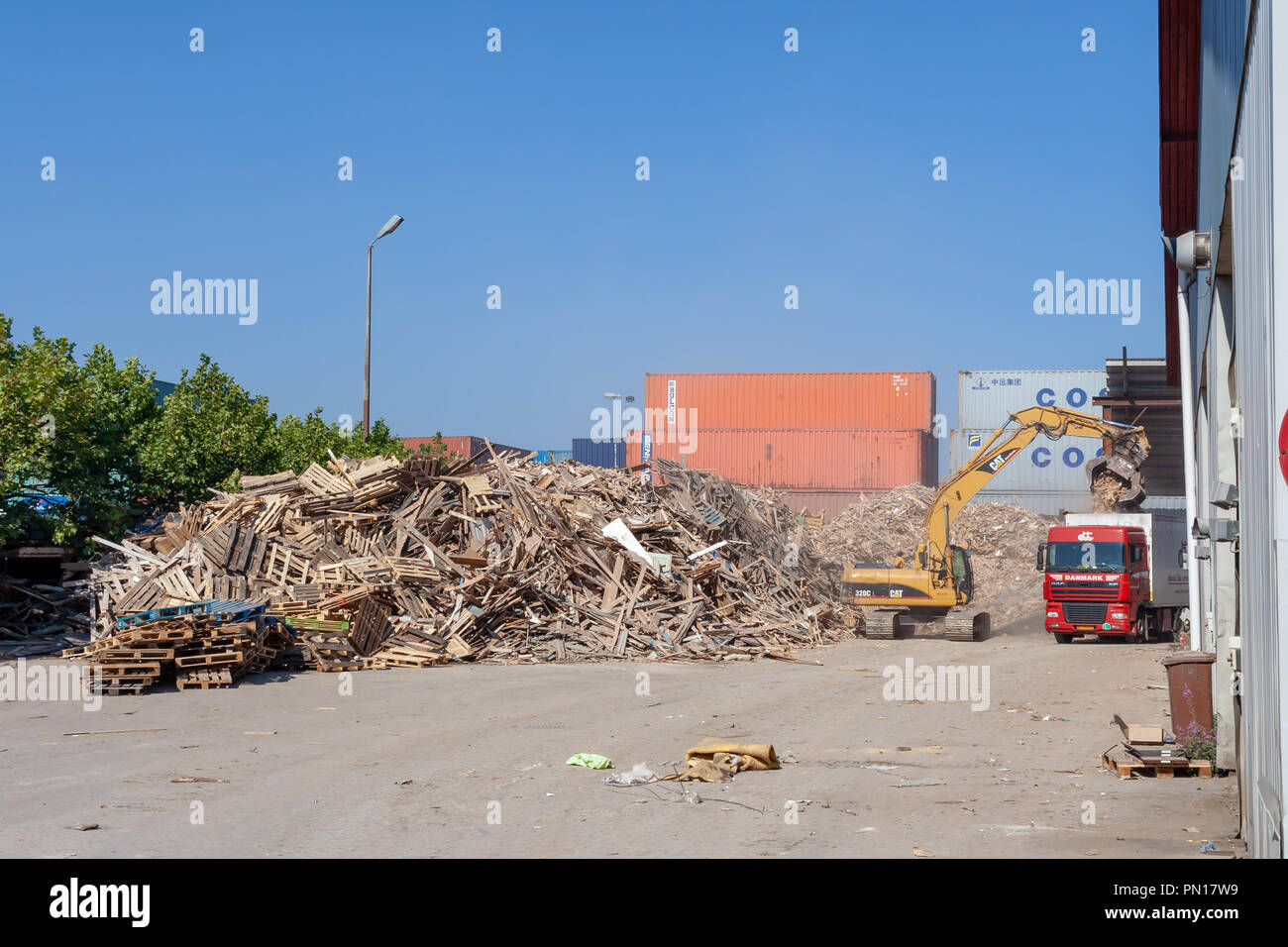 Große Stapel von weggeworfenen EUR-Paletten auf einen Lkw durch einen Power Schaufel angehoben wird; Container im Hintergrund Stockfoto